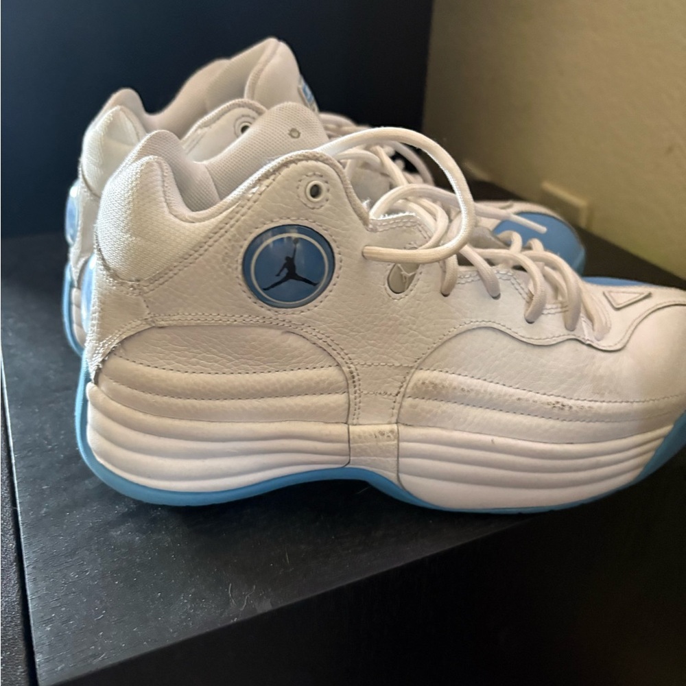 Jordan White and Light Blue Athletic Shoes